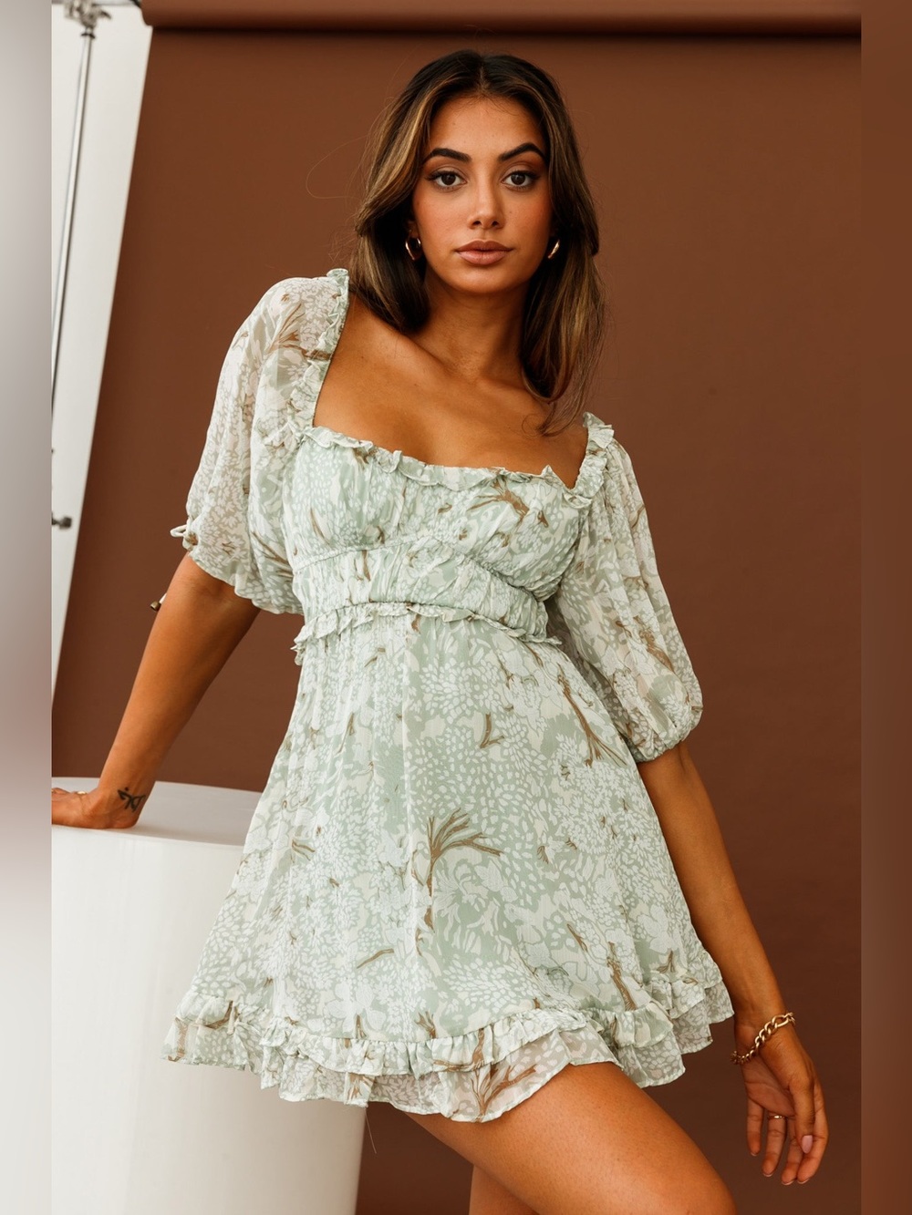 Selfie Leslie Kirra Sage Botanic Print Puff Sleeve Ruched Mini Dress XS New NWT